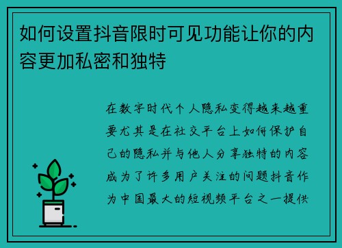 如何设置抖音限时可见功能让你的内容更加私密和独特